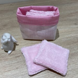 Mini corbeille à rayures roses et 6 lingettes réutilisables roses