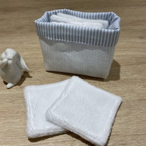 Mini corbeille à rayures bleues et 6 lingettes réutilisables blanches