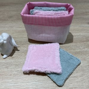 Mini corbeille à rayures roses et 6 lingettes réutilisables roses et vertes