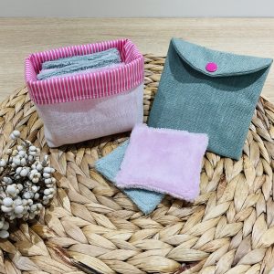 Ensemble mini corbeille avec 6 lingettes et sa pochette de transport en lin enduit