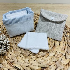 Ensemble mini corbeille avec 6 lingettes et sa pochette de transport en lin enduit